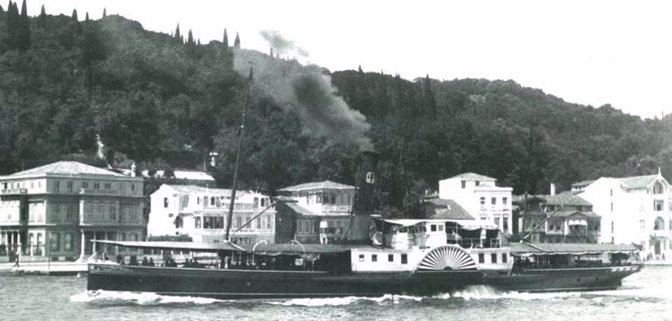 A turn of the century period paddle steamer running along the Bosphorus, around Büyükdere, Istanbul