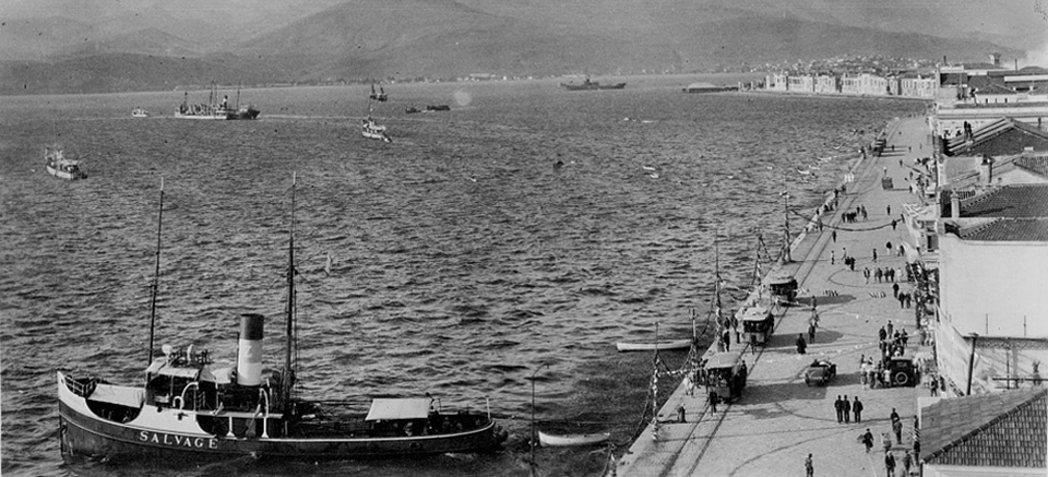 The Izmir, Alsancak shorefront 1919-22 Greek occupation period. The tug in the foreground is the Alexandros Z, owned by Zalokostas shipping of Greece.