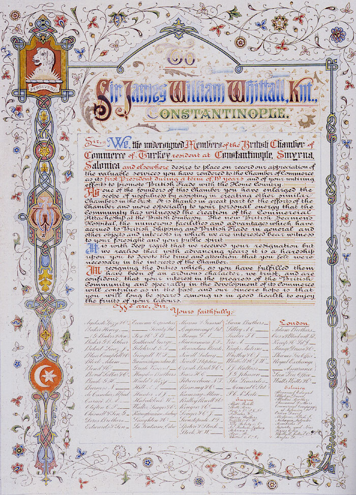 Gratitude document by the Chamber to Sir James William Whittall, the first president issued with his resignation after 19 years of service