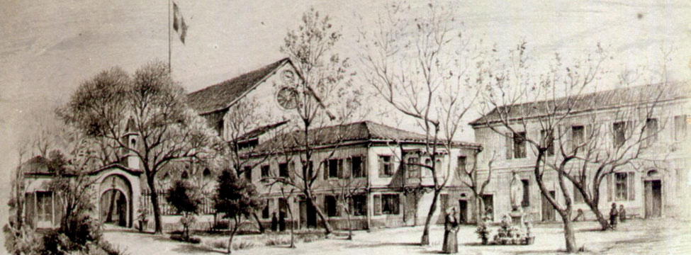 The drawing of the French Hospital of Smyrna done by Raymond Charles Péré, done in 1900. Raymond Charles Péré (1854–1929) was a French architect, who was born at Roquefort-de-Marsan in the Landes France and arrived originally as a French teacher in 1880 at Smyrnia (Izmir), married there Anaïs Russo and spent the rest of his life in İzmir, Turkey. He is best remembered as the designer of the İzmir Clock Tower, the landmark of İzmir situated at city’s Konak Square.