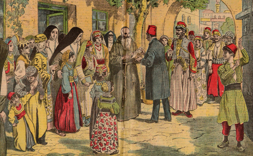 A rather fanciful pictorial depiction in a 1925 French magazine showing the ‘great joy of the Christian inhabitants and missionaries of the news of the government permission to reopen Christian schools in the Mersin region’.