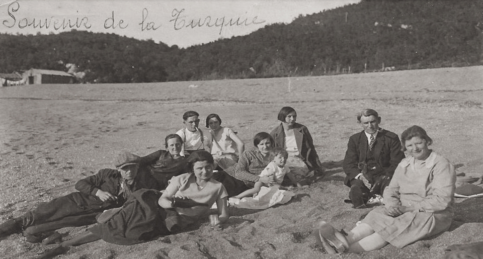 A group of Belgian mining engineers and their families relax on the local beach of Zonguldak, the coal mining region of Black Sea Turkey, 1930.